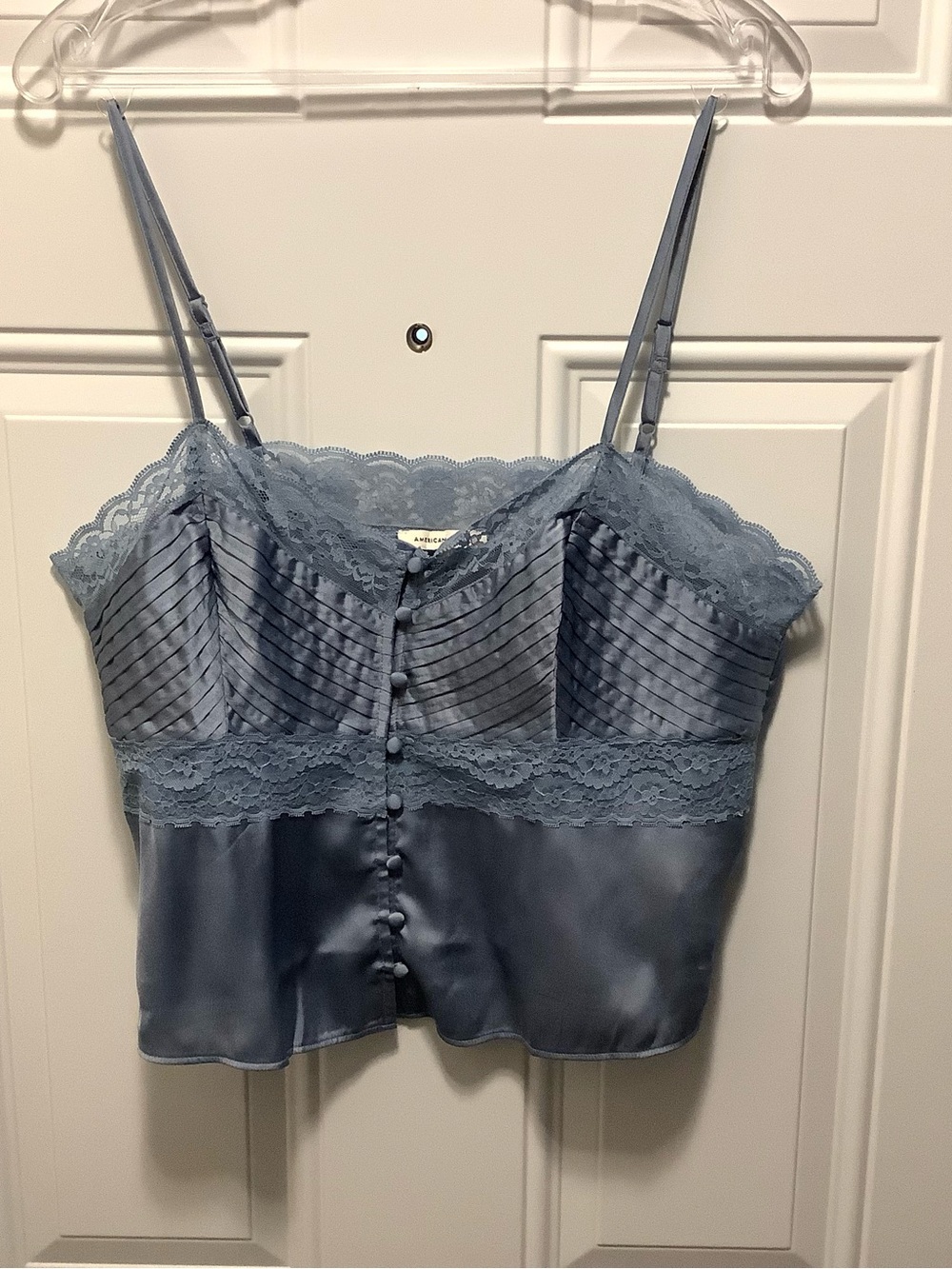 Dusty Blue Satin Lace Camisole with Buttons Pintuck Bodice Lg Romantic Feminine - Picture 2 of 8